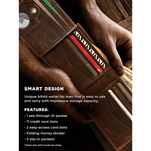 Men's Cognag Wallet with AirTag Holder Bifold RFID Blocking Genuine Leather - Picture 5 of 6